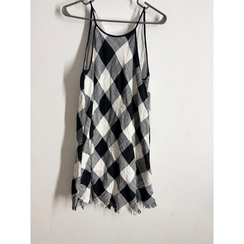 Kori America Black White Buffalo Plaid Mini Dress Frayed Hem Small Boho Check